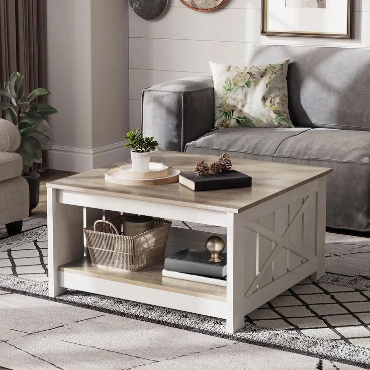 YITAHOME Couchtisch, Quadratischer Wohnzimmertisch 2-stöckiger, Couchtisch mit Stauraum für Couch Schlafzimmer,Stabiler Metallrahmen 80 x 80 x 45 cm – Bild 6