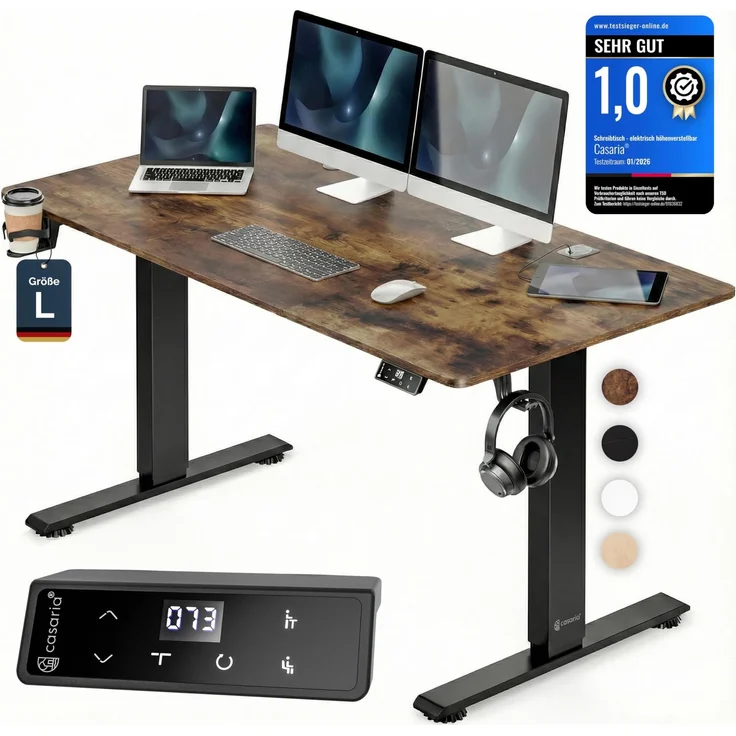 Casaria® Höhenverstellbarer Schreibtisch elektrisch 140x70 cm mit Wireless Charger & USB-C/A Anschluss LCD-Display Memory-Funktion 80 kg belastbar ergonomisch Vintage-Braun