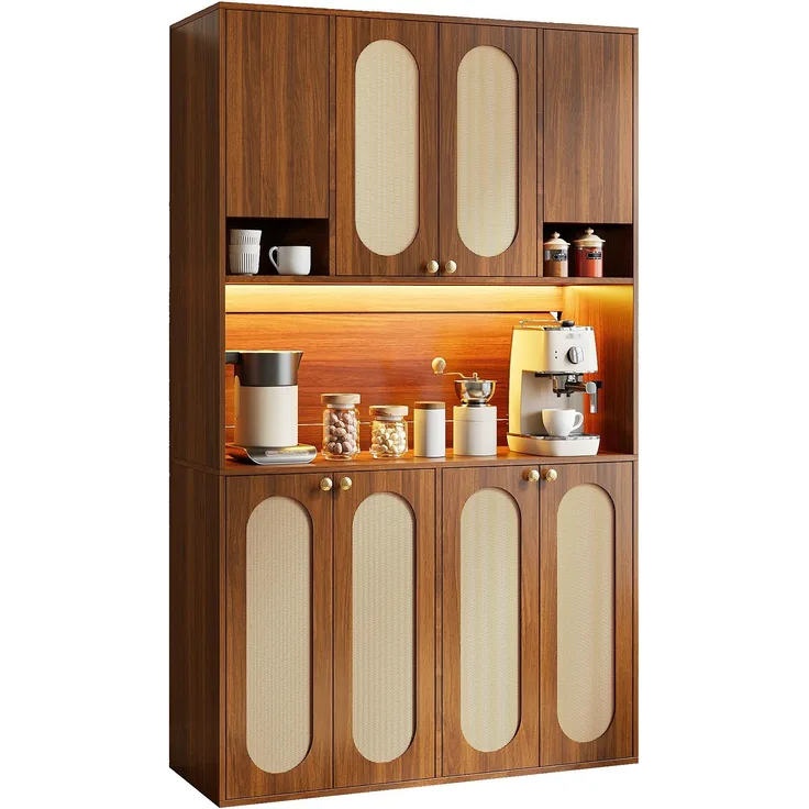 ZUBALIYA Sideboard (106 x 40 x 178 cm), LED - Beleuchtung, Gedämpftes Schließen, Fronten in Flechtoptik, Naturfarben