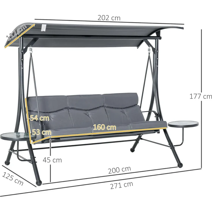 Outsunny Hollywoodschaukel mit verstellbarem Sonnendach, 3-Sitzer, Verstellbares Dach, Gartenschaukel, 1 tlg, Schaukelbank, für Garten, Balkon, Grau – Bild 3