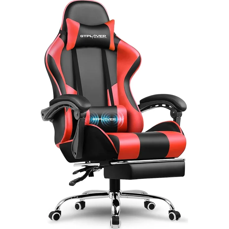 GTPLAYER Gaming Stuhl, Bürostuhl, Ergonomischer Pc Stuhl, Gaming Sessel mit Massagelendenwirbelstütze, Task Stühle mit Fußstütze und Kopfstütze, Rot Kunstleder