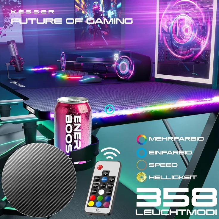 KESSER® Gaming Tisch LED | Z-Form Gamer Schreibtisch | Kopfhörerhaken & Kohlebeschichtung | Ergonomischer PC Computertisch | Stabiler Tisch mit Mauspad & Getränkehalter 120 x 60 cm, Schwarz Carbon mit LED – Bild 5