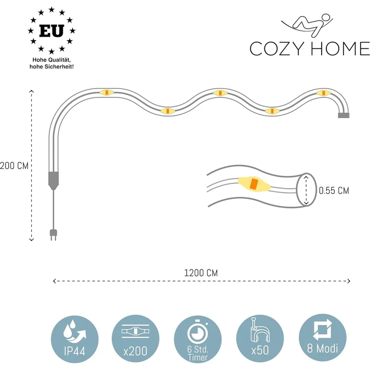 COZY HOME LED-Lichterkette Schlauch LED Stecker & Solar -, 200 LED I 8 Modi & Timer I 12m I Lichtschlauch I Outdoor – Bild 4