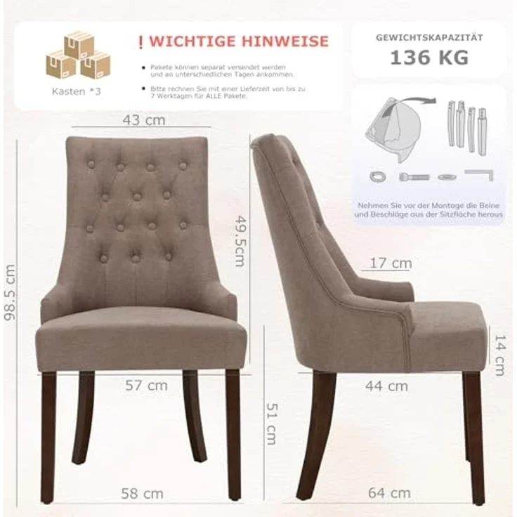 COLAMY Esszimmerstühle 6er Set, Moderne Küchenstuhl Gepolsterte Esszimmerstühle im Wingback, Polsterstuhl Wohnzimmerstuhl mit Knopfsteppung für Esszimmer, Küche, Restaurant mit Holzbeinen, Taupe – Bild 2