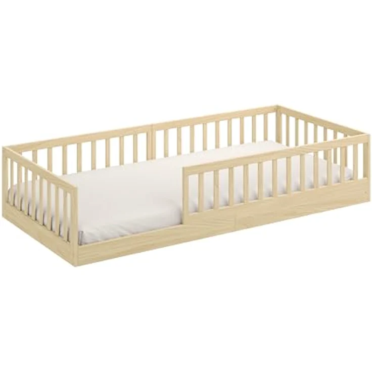 CADANI Kinderbett Timi Bodenbett bis 200 kg belastbar mit abnehmbarem Rausfallschutz (90x200 cm, Montessori Kinder- & Jugendbett aus Kiefer Massivholz), inkl. stabilem Roll-Lattenrost, Natur – Bild 9