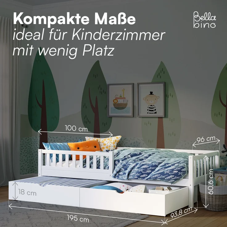 Bellabino 'Vils' Kinderbett 90x200 cm mit großer Schublade, weiß, Kiefer Massivholz, Montessori Bett mit Stauraum, mit abnehmbarem Rausfallschutz und Lattenrost – Bild 3