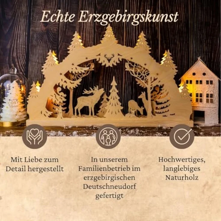 Weigla Schwibbogen Hirschfamilie, Lichterbogen aus Holz, NATUR, Made in Germany (1-tlg), Erzgebirge garantiert, Weihnachtsdeko Innen, Weihnachtsbeleuchtung – Bild 4