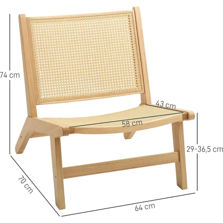 HOMCOM Relaxsessel Rattan-Akzentsessel (Sessel mit Gummibaumholzrahmen, 1-St, für Schlafzimmer und Wohnzimmer), 70 x 64 x 74 cm Naturholz-Finish – Bild 3