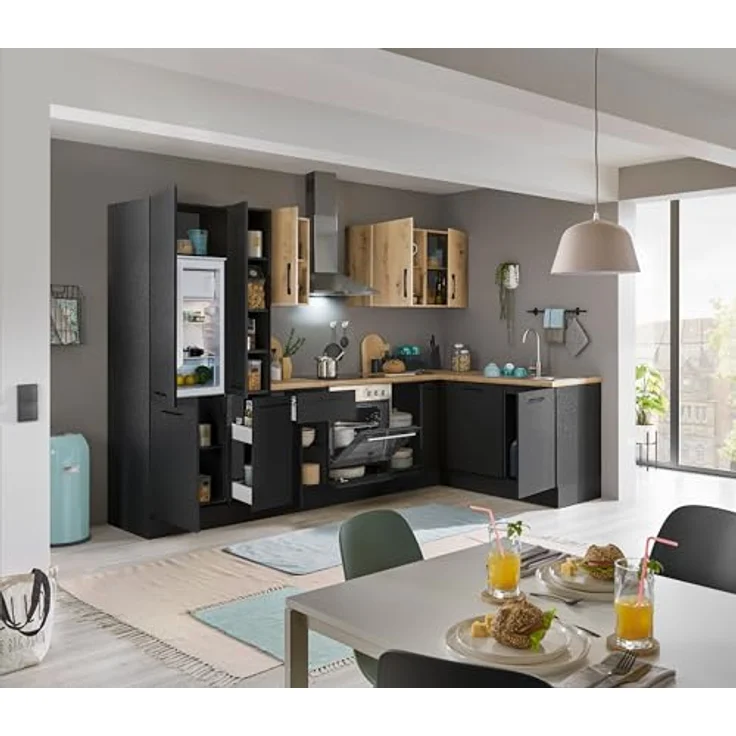 Turin L Eckküche 310 x 211 x 60 cm, schwarz - Ohne Küchengeräte - Moderne, geräumige Küche in Artisan-Eiche Optik mit viel Stauraum – Bild 6