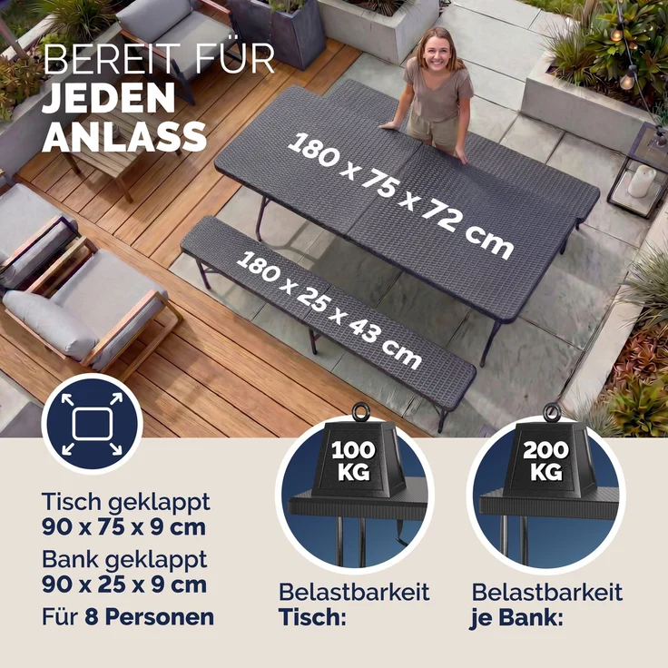Casaria 'Malmö' Bierzeltgarnitur, 3-teilig, klappbar, Polyrattan schwarz, 180 x 75 x 73 cm – Bild 2