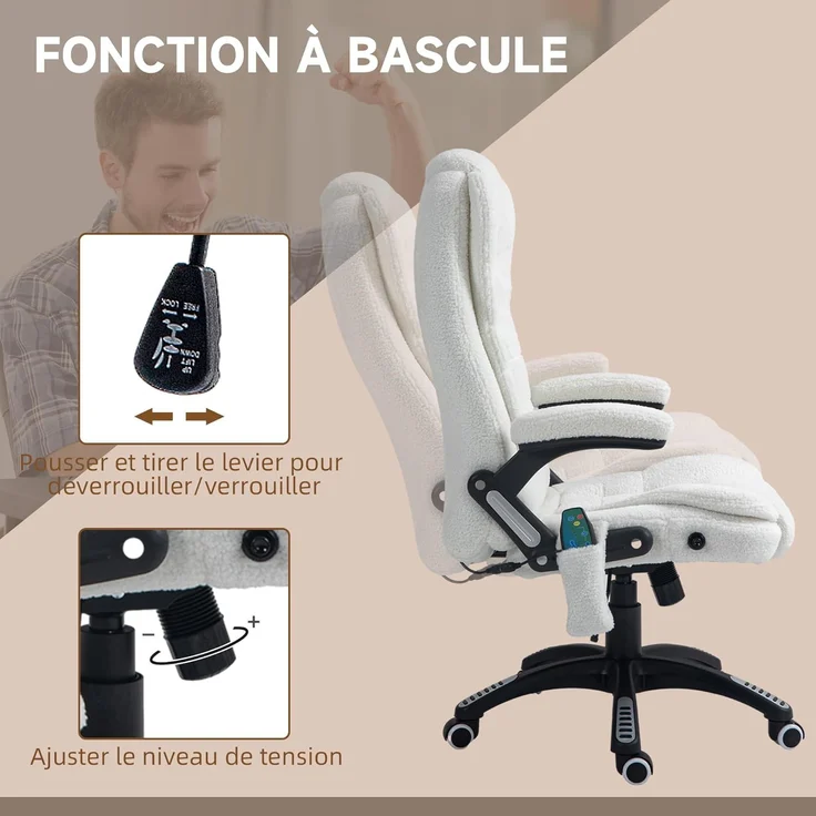 Vinsetto Bürostuhl, Massagesessel, beheizt, Bürostuhl, ergonomischer Stuhl mit Verstellbarer Höhe, neigbare Rückenlehne und Fernbedienung, kabelgebunden, 360° drehbar, Polyestergewebe, Weiß – Bild 6