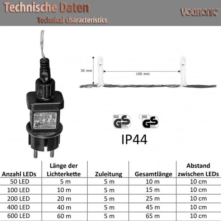 VOLTRONIC® LED Lichterkette, innen und außen, IP44, Modell- und Farbwahl, 100 LEDs, kaltweiß / warmweiß – Bild 2