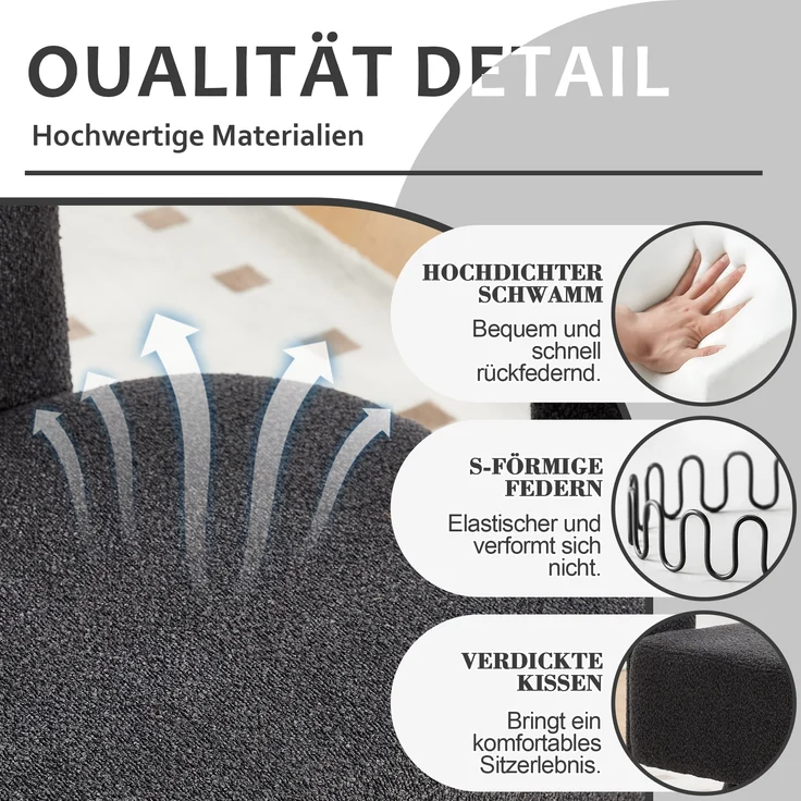 LVHOM Polsterstuhl 360° drehbar, Drehsessel Bouclé-Stoff, Loungesessel mit Armlehnen, Armlehnenstuhl Relaxsessel, Dunkelgrau – Bild 7