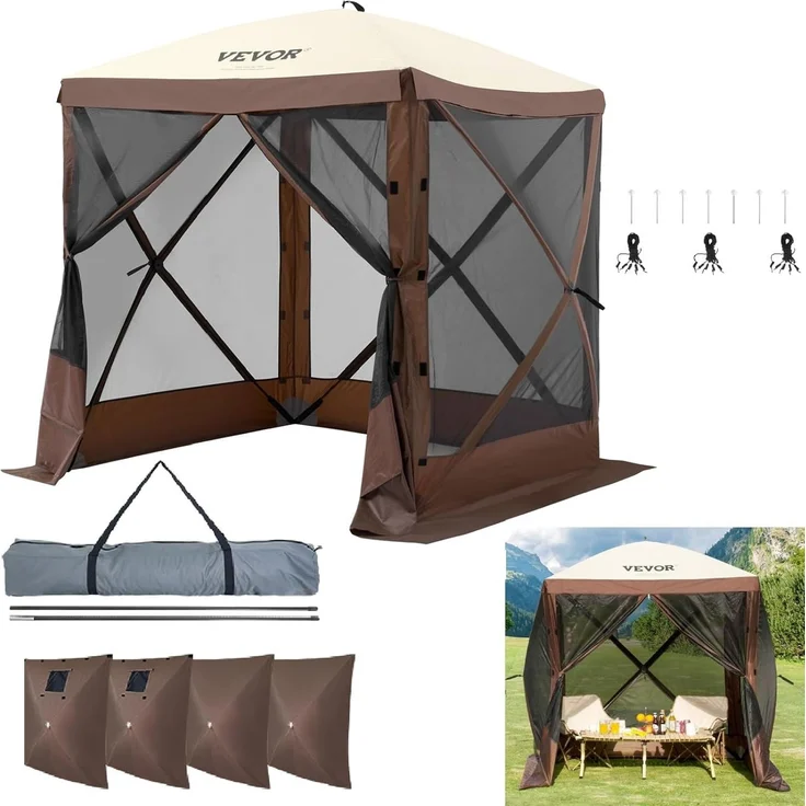 VEVOR Pop-Up-Pavillonzelt, Pop-Up-Zelt mit 4-seitigem Baldachin, Sonnenschutz mit 4 abnehmbaren Sichtschutz-Windtüchern und Netzfenstern, 6x6 Fuß, Schnellaufbau-Zelt mit Moskitonetz, braun