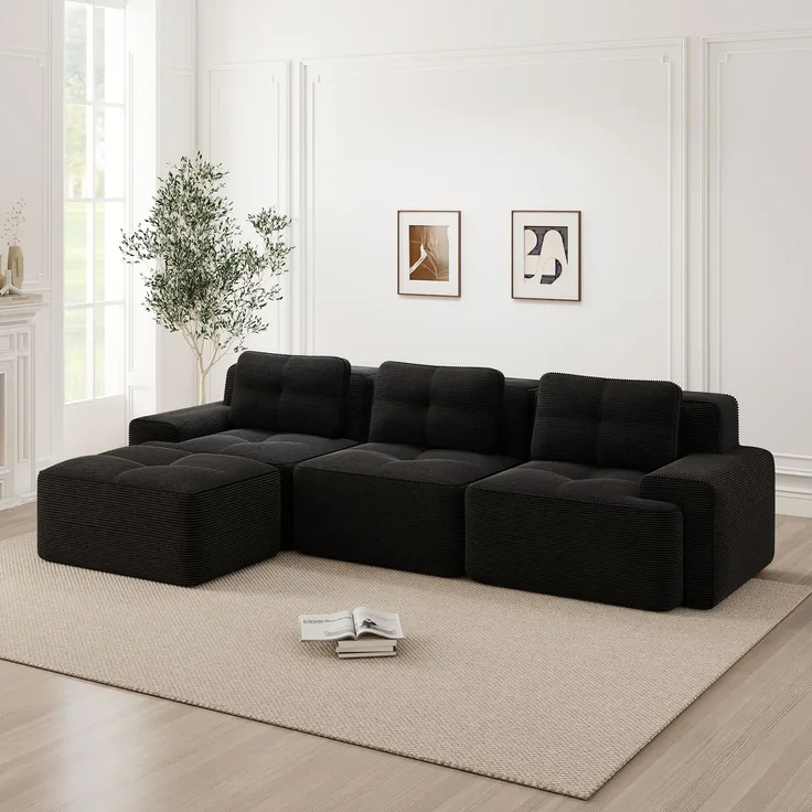 EINHOM Cloud Modulsofa Boneless L-förmiges Sofa, Modulares Sofa mit Ottoman, Modulares Cloud-Sofa, 3-Sitzer Corduroy-Cloud-Sofa für Wohnzimmer, Montagefreies Sofa, Schwarz