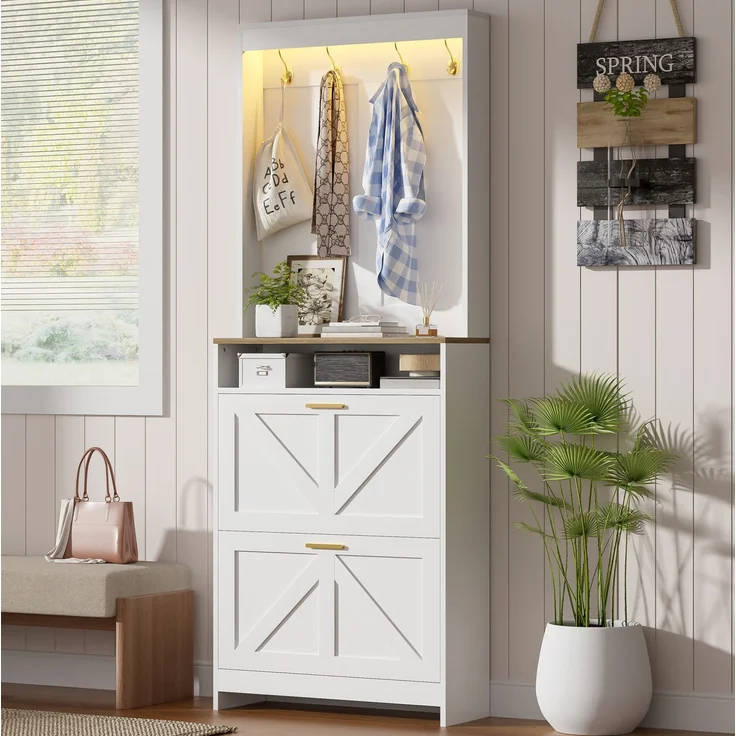 Schuhschrank mit LED-Beleuchtung, 2 Klappfächer & Haken, 70x24x180 cm, Weiß/Naturfarben – Bild 4