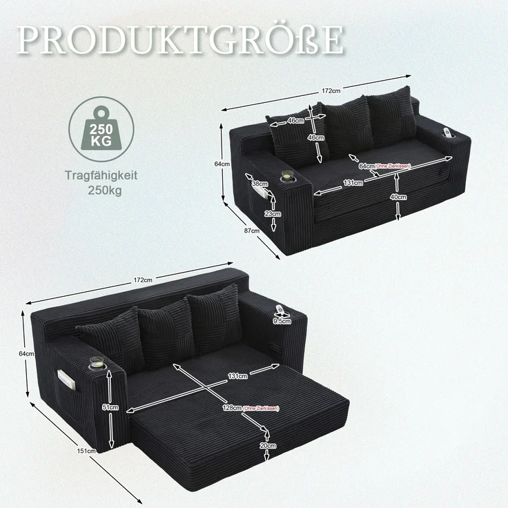EINHOM Dreier-Sofa aus Baumwoll- und Leinenstoff, mit Getränkehalter und seitlichen Taschen, kann in drei Sitzplätze umgewandelt werden, rahmenloser Design mit gestrickten Kissen und Rückenlehne, großes Sitz – Bild 7