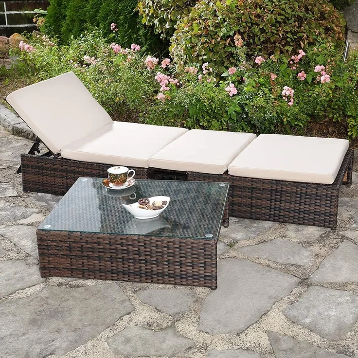 Lounge Gartengarnitur Sitzgruppe 2er Sessel Tisch Sonnenliege Polyrattan braun – Bild 5