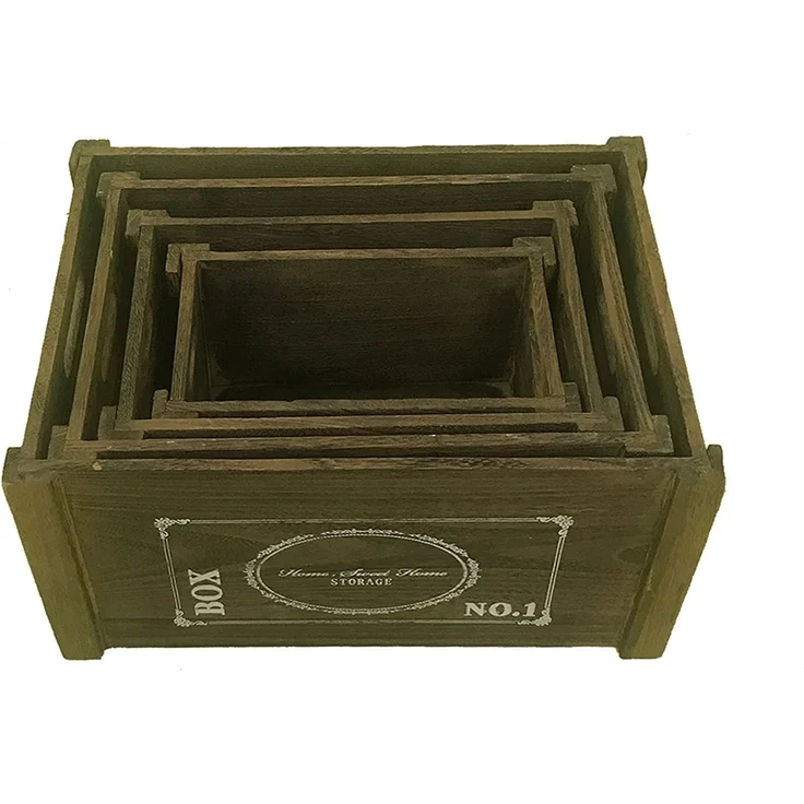 Aufbewahrungsboxen 4er Set Braun Ordnung Shabby Holzkisten Vintage Retro Rustikal Wein Découpage Boxen Griff Kiste Dekorativ Offen Allzweckkiste Box – Bild 4