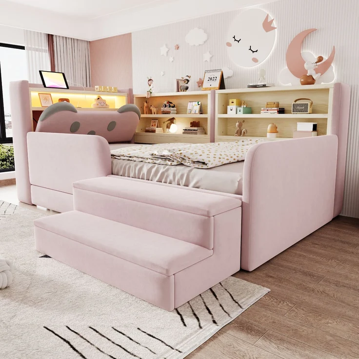 ZUBALIYA Polsterbett, mit Schubladen, mit Stauraum, mit LED-Beleuchtung, mit USB-Anschluss, inklusive Lattenrost, Liegefläche 90 × 200 cm, H 85 × T 218 × B 108.5 cm, Rosa, Samt – Bild 2