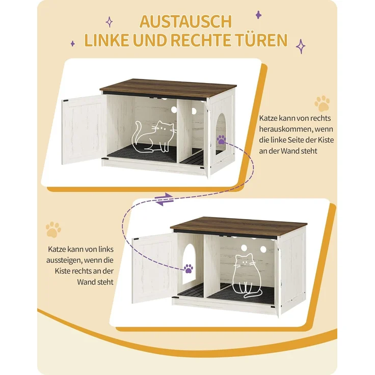 Katzenklo Schrank, Katzenschrank, Katzentoilette mit Herausnehmbarer Trennwand, Katzenhaus, Umkehrbarer Eingang Links oder Rechts, als Sideboard, 80 x 50 x 54 cm, Vintagebraun-Weiß – Bild 6