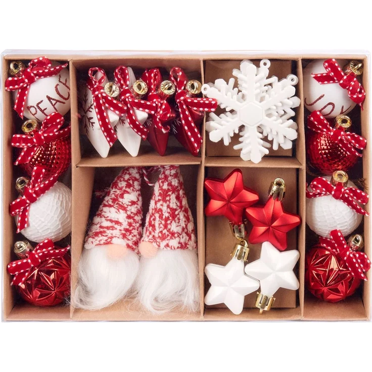 BRUBAKER Christbaumschmuck Rot und Weiß - Weihnachtskugel Set mit Wichtel Zwergen, Schneeflocken (24-tlg), Baumkugeln mit roten Schleifen - Baumschmuck – Bild 4