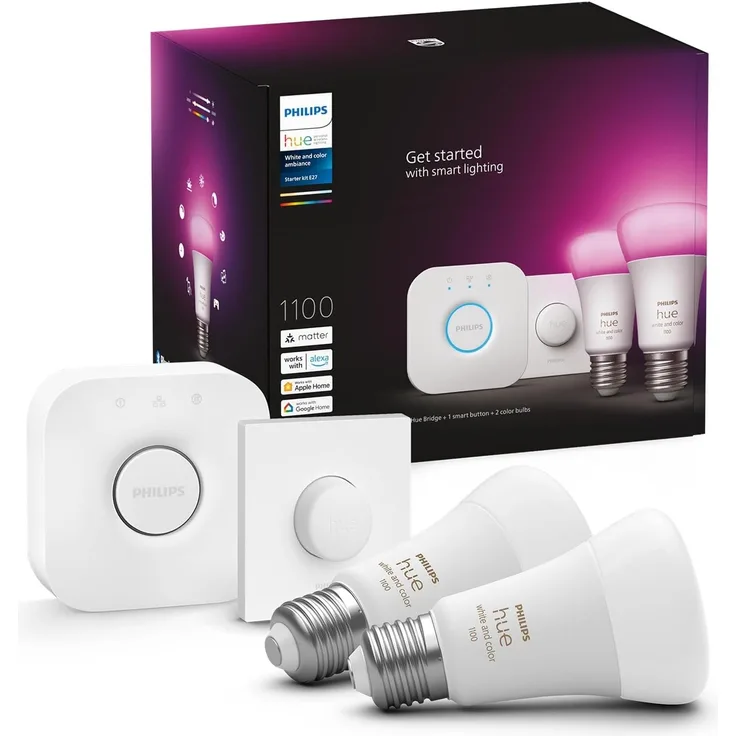 Philips Hue White & Color Ambiance Starter Set mit E27 Lampen 2-er Pack (1100), Smart Button + Hue Bridge, TESTSIEGER Stiftung Warentest (01/2024), 16 Mio. Farben per Sprache und App steuerbar