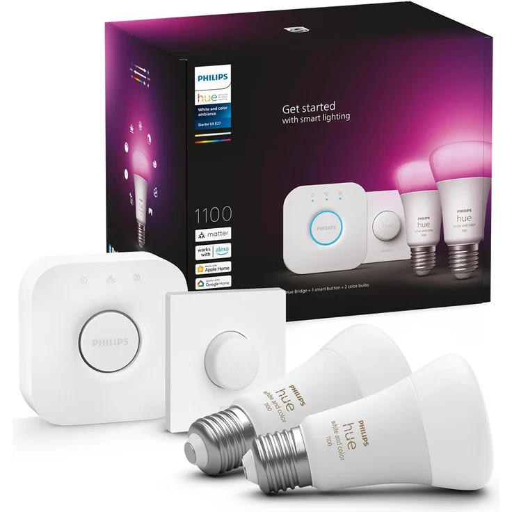 Philips Hue White & Color Ambiance Starter Set mit E27 Lampen 2-er Pack (1100), Smart Button + Hue Bridge, TESTSIEGER Stiftung Warentest (01/2024), 16 Mio. Farben per Sprache und App steuerbar – Bild 1