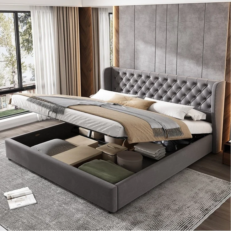 STILVORA Polsterbett Doppelbett 180×200 mit Bettkasten,Hydraulisches Bett mit Stauraum, Kiefernholz Flanell 180*200cm Ohne Matratze – Bild 2