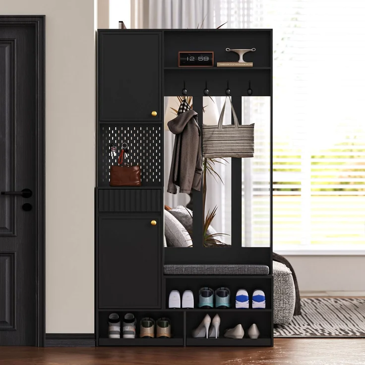 Garderobenset, Komplett-Set Flurgarderobe mit Sitzbank, 4 Haken, Türen & Schubladen - Schwarz , Kompaktmaße 100×180×35 cm (B×H×T) – Bild 1