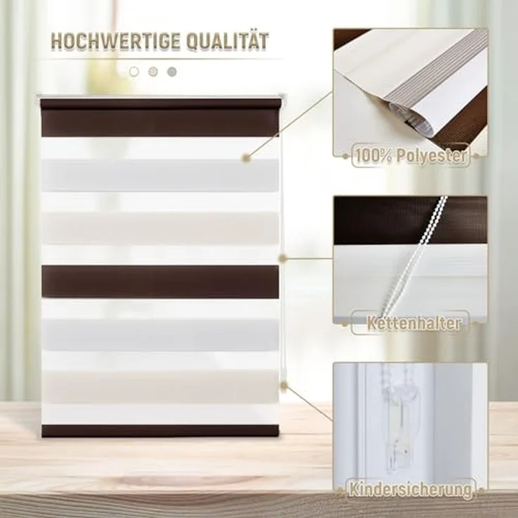 Deswell Doppelrollo Klemmfix ohne Bohren Weiß-beige-braun B50 x H150 cm (Stoffbreite 46cm) Rollos für Fenster ohne Bohren für Fenster mit Lichtdurchlässig & Verdunkelnd/Höhe Stufenlos Verstellbar – Bild 3