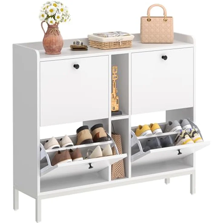 YITAHOME Schuhschrank Schmal mit 4 Klappen, 108 x 27.5 x 95.5 cm für 16 Paar Schuhe mit 2 Offene Regale, Schuhschrank Weiß, Schuhkipper, Schrank Flur Schuhkommode im Flur, Platzsparend – Bild 8