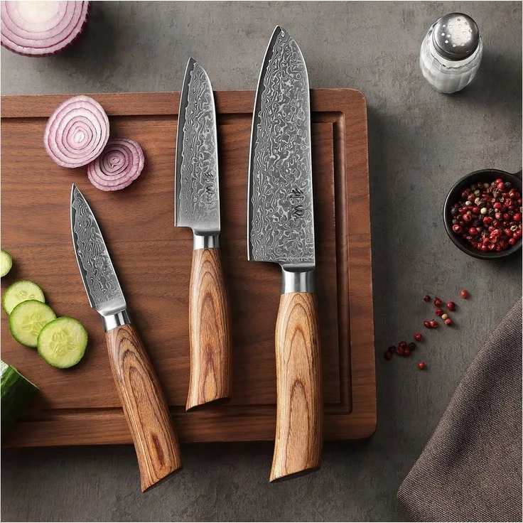 Wakoli Messer-Set Edib Pro 3 Damastmesser I Kochmesser Küchenmesser I 8-16cm Klinge (Damastmesser mit Geschenkbox, 3-tlg, 3er Damastmesser-Set mit Holzbox), 67 Lagen Damaststahl, VG-10 Stahlkern