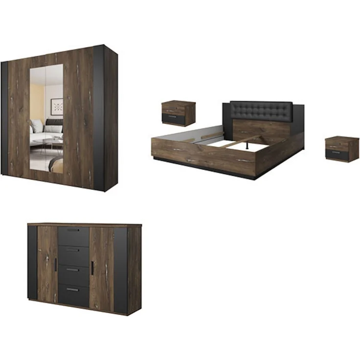 Schlafzimmer-Set komplett Sigma 5-teilig Ausführung Flagstaf Eiche dunkel - silberne App. / schwarz