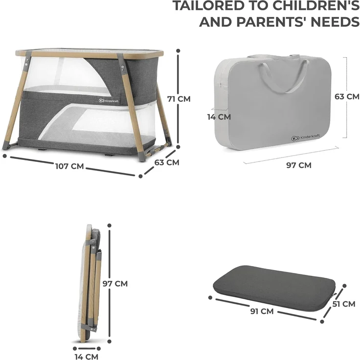 Kinderkraft Kinderreisebett 4 in 1 SOFI, Babybetten, Kinderbett, Baby Zustellbett, Reisebett mit Zubehör, mit Laufgitterfunktion, Modernes Design, Kleine Abmessungen nach Zusammenklappen, Grau – Bild 7