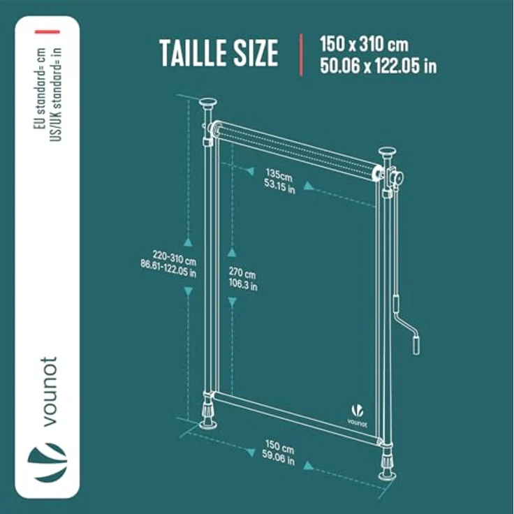 VOUNOT® Klemmmarkise Senkrechtmarkise 150x310 cm, Vertikalmarkise mit Handkurbel ohne Bohren, Ausziehbar Sichtschutz für Balkon, Garten & Terrasse, UV-Schutz & Wasserfest, Anthrazit – Bild 3