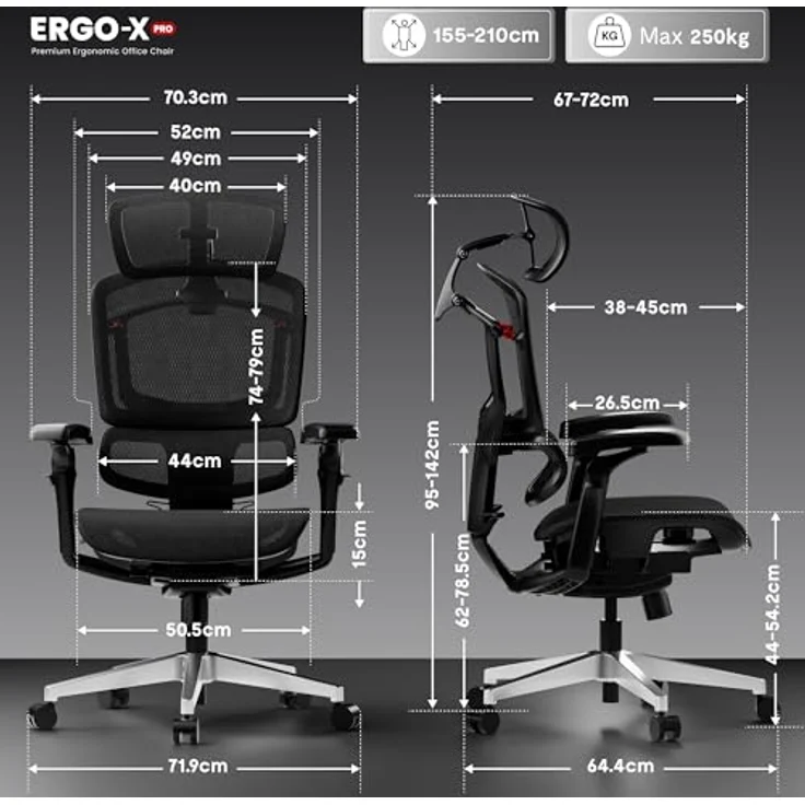 FLEXISPOT ErgoX Pro Ergonomischer Bürostuhl mit 12-stufiger Höhenverstellung, Schreibtischstuhl mit 7D-Armlehnen, 5D-Lendenstütze, 4D-Kopfstütze, 250 kg Belastbarkeit und Netzsitz (Schawrz) – Bild 3
