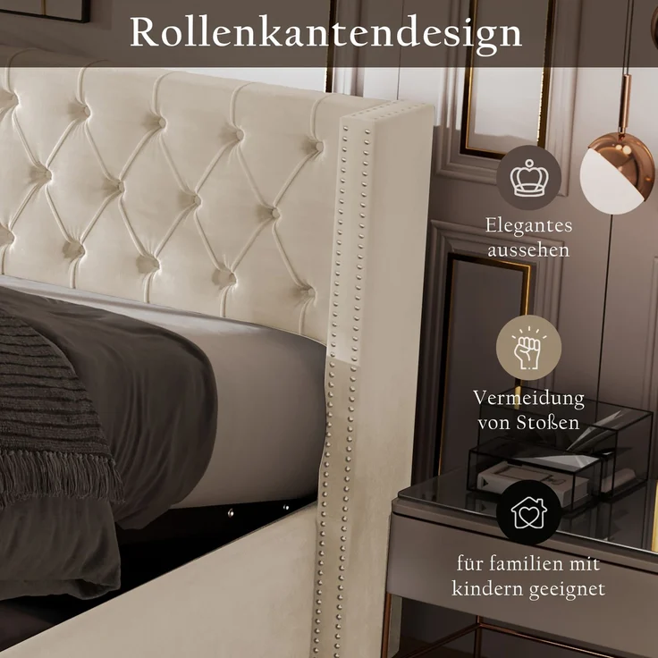 Polsterbett in Beige mit Rautensteppung und Knopfdetails,209*142*94.5cm，Samtbezug – Bild 4
