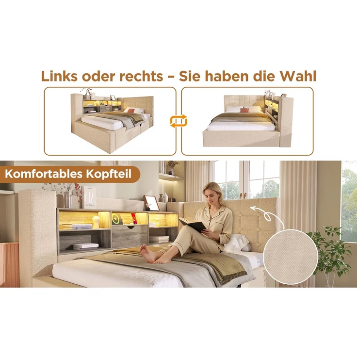 U-life Polsterbett Einzelbett 90x190 cm, hydraulischer Stauraum, L-förmigem, Beidseitig montierbar, Lattenrost, Leinen, Beige – Bild 9