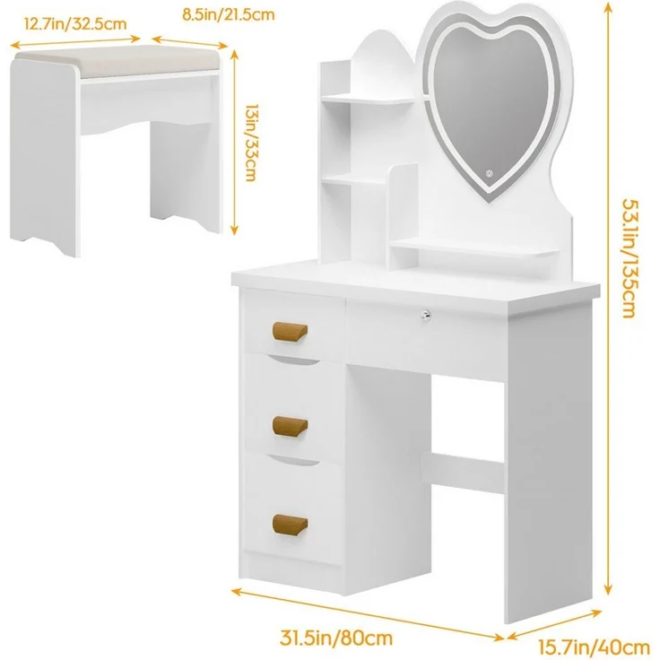 Rutaqian Schminktisch Schminktisch mit 3 Farblicht Herzspiegel, Schminktisch mit Stuhl, Sosmetiktisch mit 4 Schubladen & LED Spiegel, Inkl. Stuhl – Bild 2