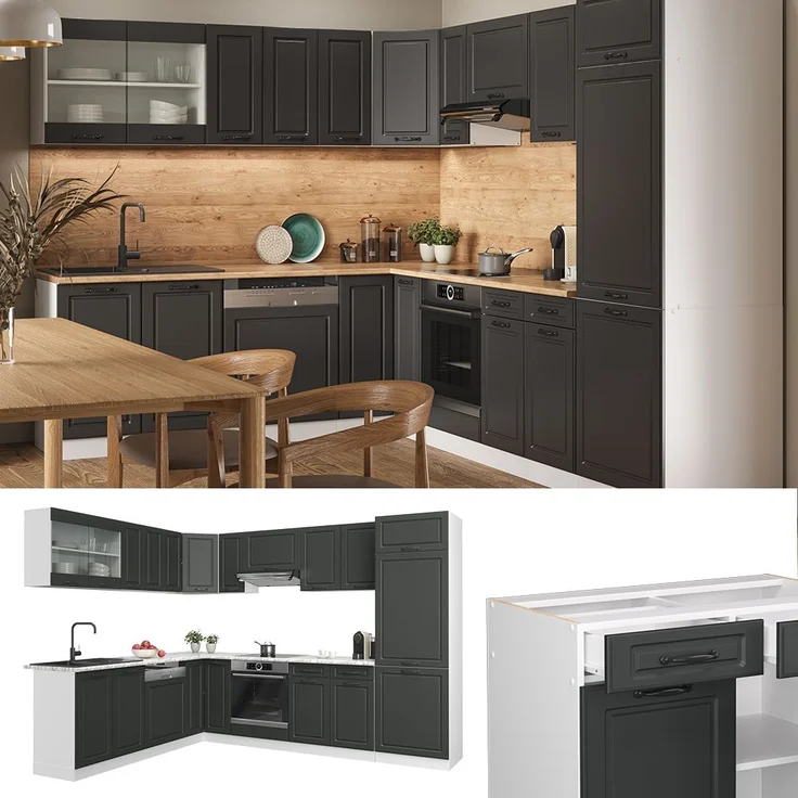 Eckküche R-Line Anthrazit Landhaus/Weiß 287 x 46 cm ohne Arbeitsplatte Vicco – Bild 2