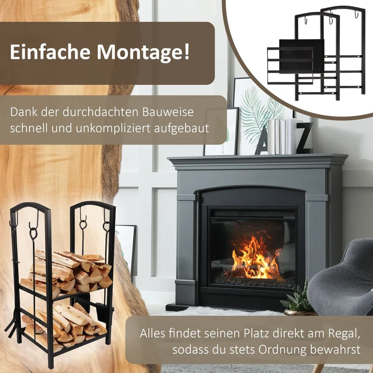 Kaminholzregal mit 4 teiligem Kaminbesteck, Metallregal, Brennholzregal – Bild 3