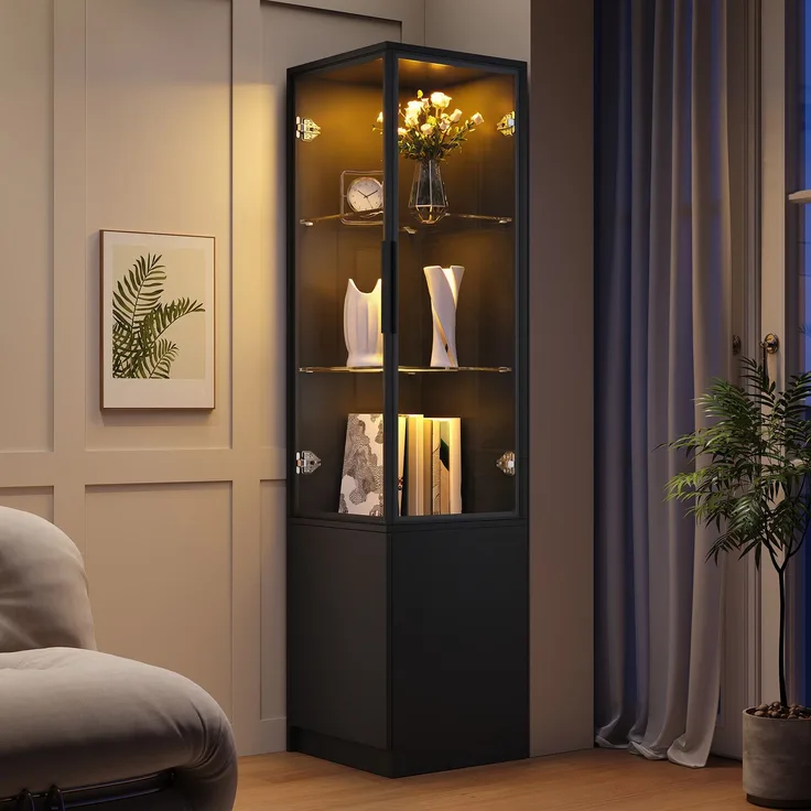 Flieks Eckschrank 40 x 40 x 160 cm, Vitrine mit gehärteten Glastüren, Aluminiumrahmen, LED-App-Steuerung, Schwarz