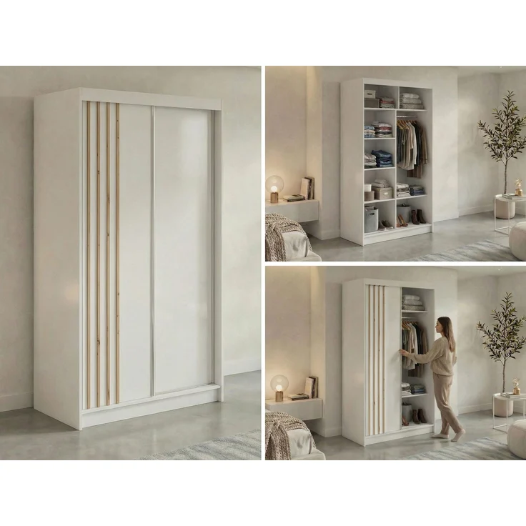 Schwebetürenschrank NAURU mit Lamellen-Optik, moderner Kleiderschrank, Breite 120 cm, inkl. Innenausstattung & Stauraum, Akustikpaneel-Design - Weiß und Aristan-Eiche – Bild 2