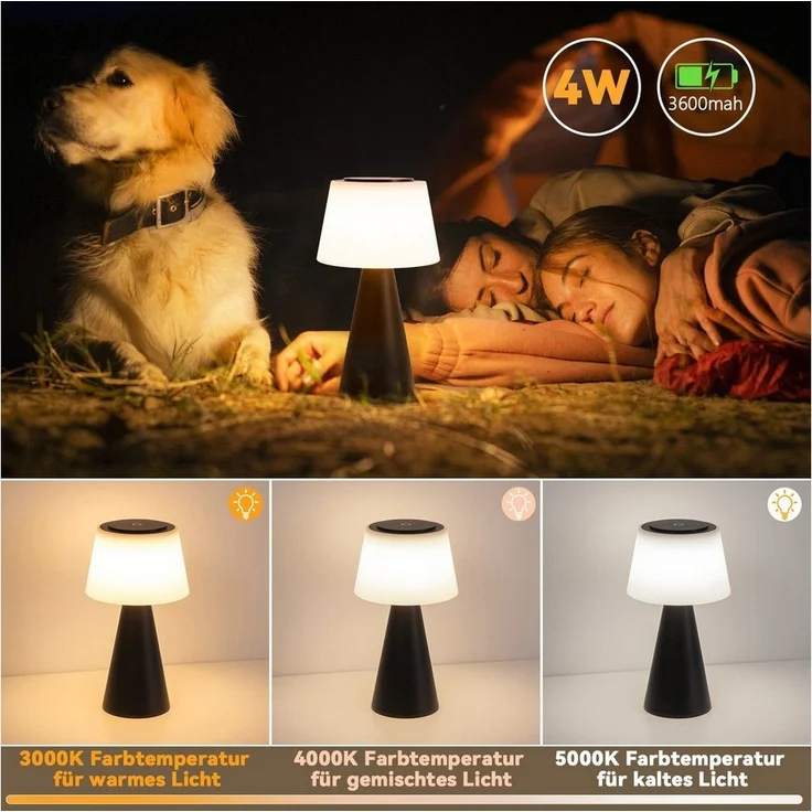 Nettlife LED Tischleuchte Kabellos Touch Nachttischlampe Schwarz/Weiß Dimmbar Akku 3600mhA, mit USB Aufladbar, LED fest integriert, Modern Tischlampe für Wohnzimmer Schlafzimmer – Bild 1