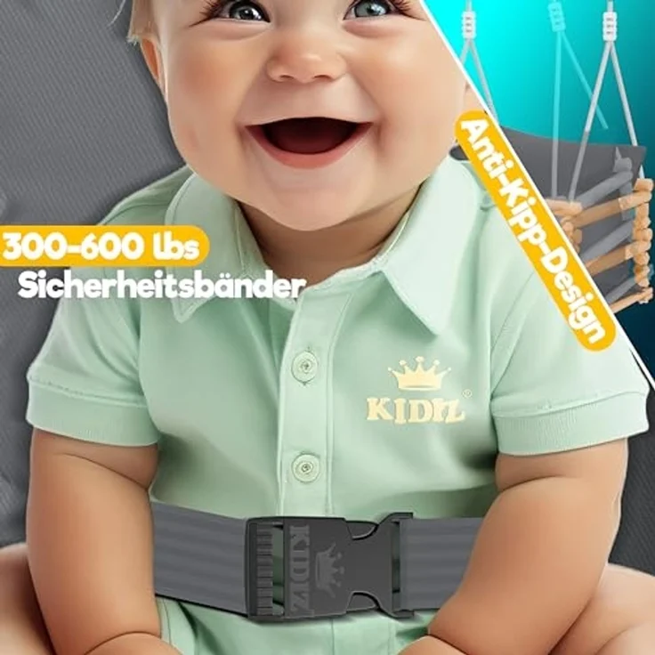 KIDIZ® Babyschaukel Kinderschaukel Schaukelsitz mit Polsterung | Holz-Schaukel mit Anti-Kipp bis 60KG | Höhenverstellbar Indoor & Outdoor | 0,5 - 3 Jahre | Montagezubehör & Sicherheitsgurt Anthrazit – Bild 7