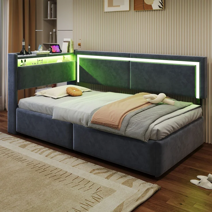 EINHOM Polsterbett Schlafsofa 90 x 200 cm, Samt, mit LED-Beleuchtung und USB-Ladeanschlüssen, Kopfteil Lässt Sich zum Verstauen Öffnen, Hydraulisches Stauraumsystem unter dem Bett, Grau, (Ohne Matratze) – Bild 4