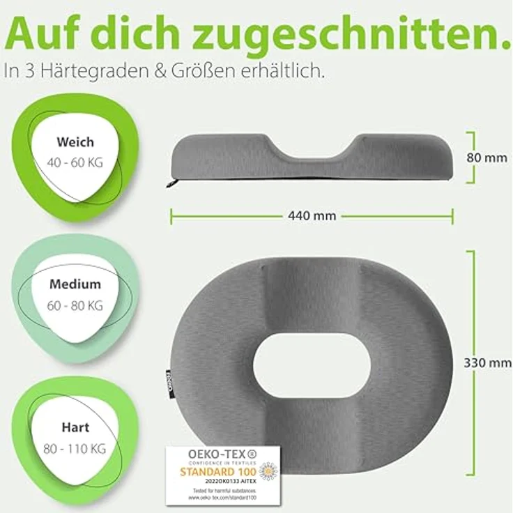 feela.® Orthopädischer Sitzring, Hämorrhoiden Sitzkissen mit Loch, 3 Härtegrade, Hart, für Steißbein Entlastung nach OP & Geburt, inkl. Kühlgel-Kern, rutschfester Unterseite, abnehmbarer Bezug, Pflegeleicht – Bild 4