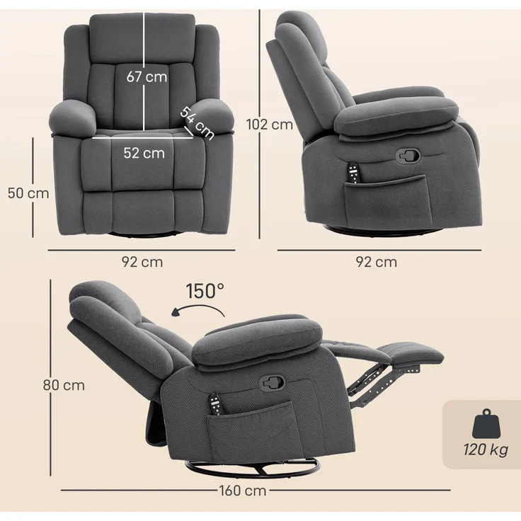 Wohnora-Relaxsessel mit Vibrationsmassage und Wärme, manuell verstellbarer Drehsessel mit Schaukelfunktion und Taschenfederkern, Grau,H 1020cm x T 920cm x B 920cm – Bild 4