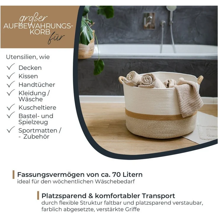 HMF Aufbewahrungskorb Aufbewahrungskorb mit verstärkten Griffen, großer Korb aus Baumwolle, 50x33 cm, Weiß-Braun – Bild 2